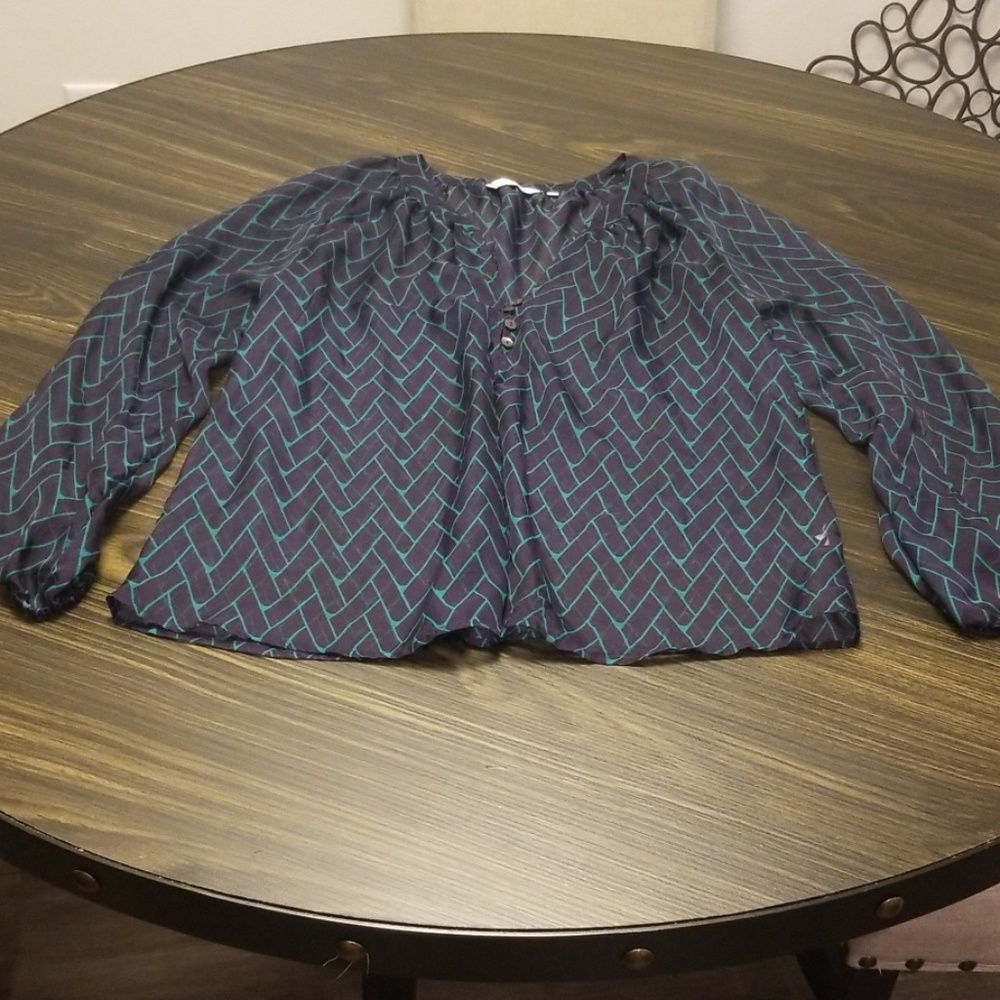 Navy Blue & Green patterned long sleeve sheer top